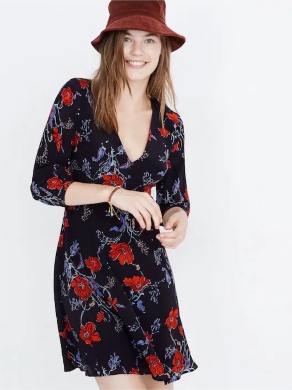 Madewell Silk Ruffle-Waist Dress in Windblown Poppies